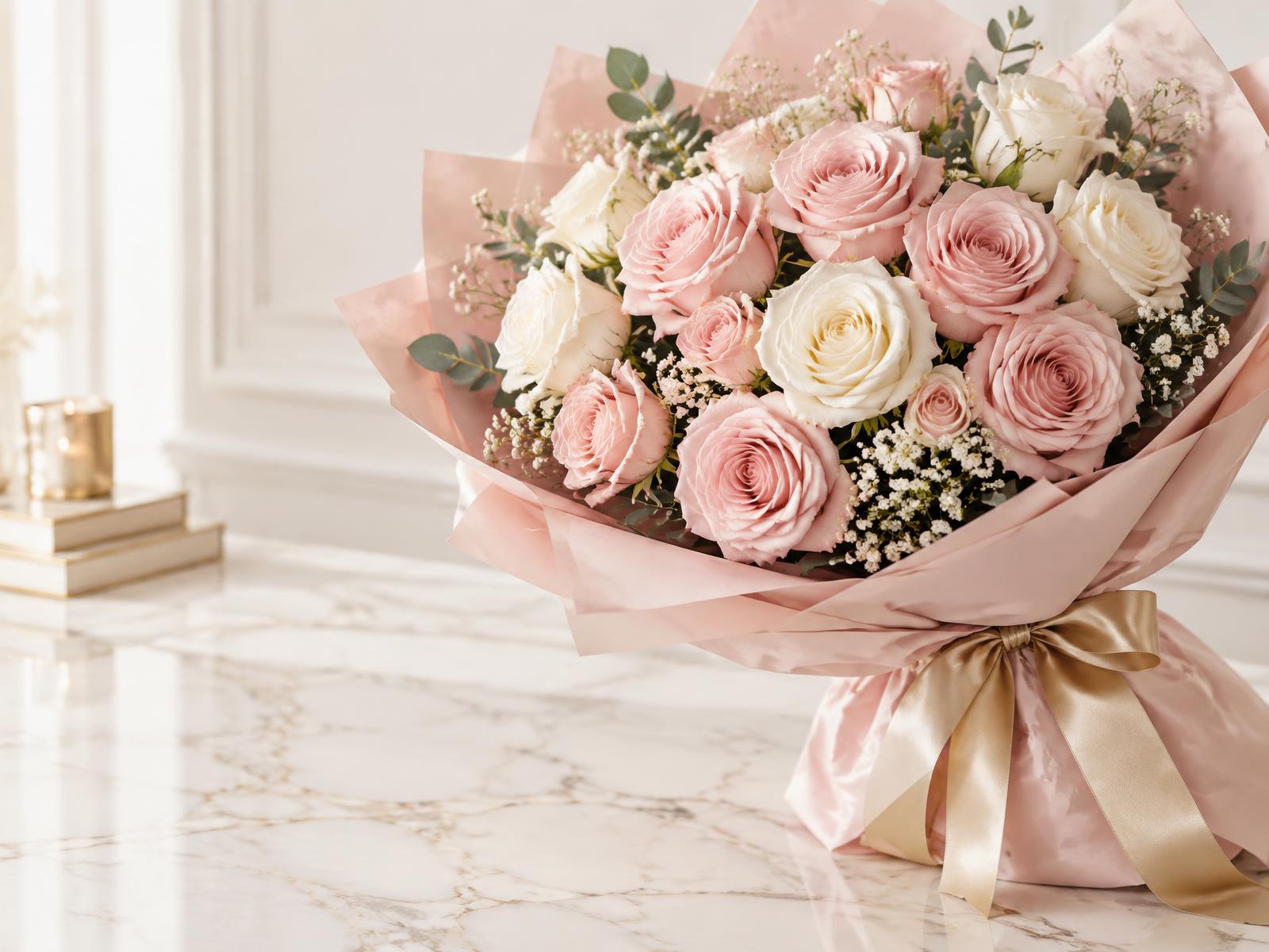 Blush pink and white rose bouquet wrapped in pink paper with a gold ribbon